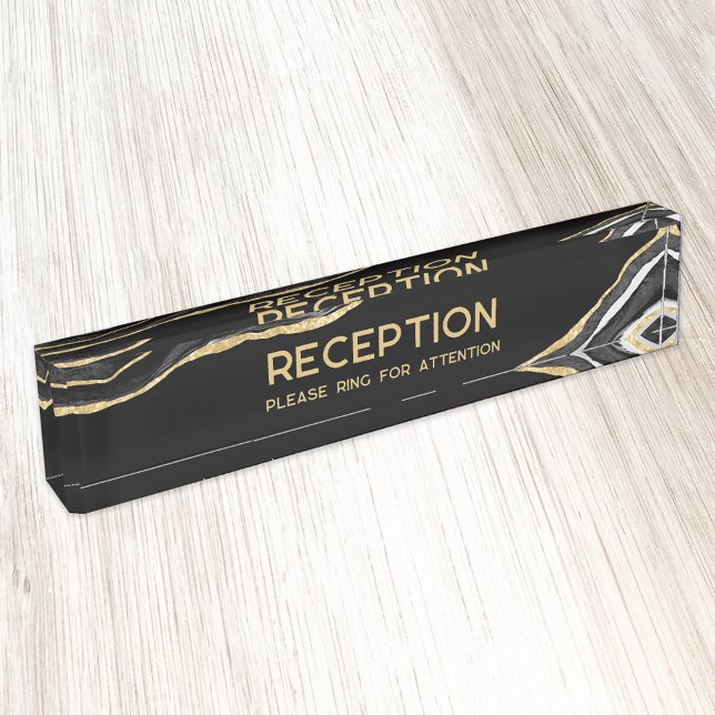 Placa De Nombre Recepción empresarial de Purpurina de oro de Black (Black marble agate faux gold custom text reception please ring for attention business desk nameplate)