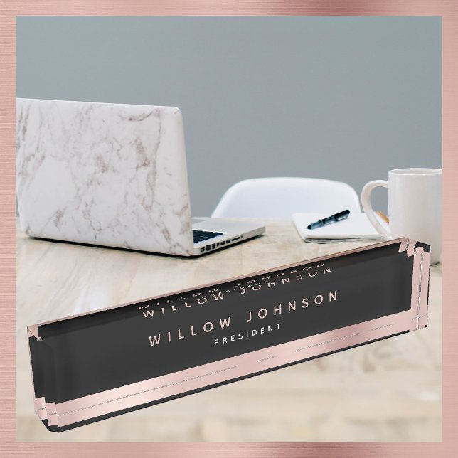 Placa De Nombre Regalo comercial de Black Rosa Gold Classy Executi (Black Rose Gold Classy Executive Business Gift Desk Name Plate)