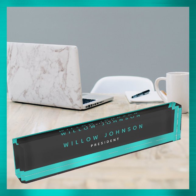 Placa De Nombre Regalo comercial de clase ejecutiva Verde azulada  (Metallic Teal Classy Executive Business Gift Desk Name Plate)