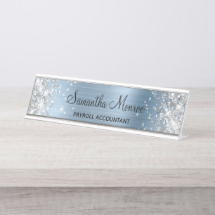 Placa De Nombre Relieve metalizado azul claro Purpurina plateado