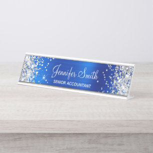Placa De Nombre Relieve metalizado azul real Girly Purpurinoso Sil