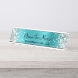 Placa De Nombre Relieve metalizado azul turquesa Purpurina platead