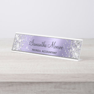 Placa De Nombre Relieve metalizado de lavanda pálida Purpurina de 