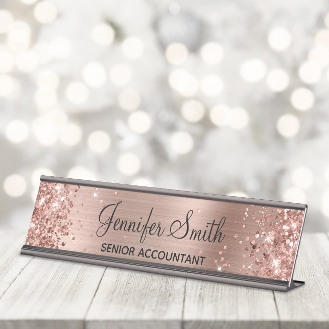 Placa De Nombre Relieve metalizado dorado Rosa de Faux Purpurinoso (Girly glam desktop name plate for her.)