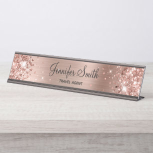 Placa De Nombre Relieve metalizado dorado Rosa Girly Purpurinoso