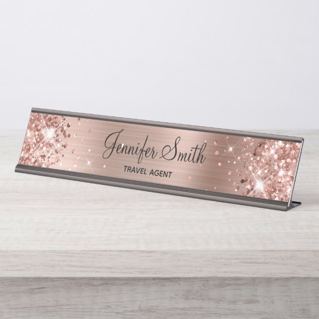 Placa De Nombre Relieve metalizado dorado Rosa Girly Purpurinoso (Anverso)