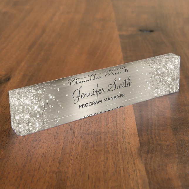 Placa De Nombre Relieve metalizado Girly Purpurinoso Faux Platinum (Lateral)