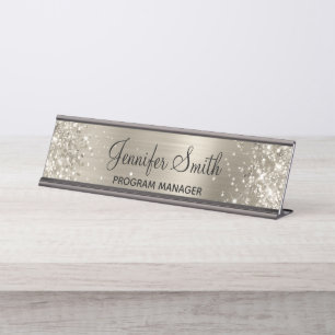 Placa De Nombre Relieve metalizado Girly Purpurinoso Faux Platinum
