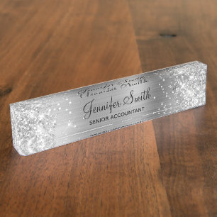 Placa De Nombre Relieve metalizado Girly Purpurinoso Silver Faux