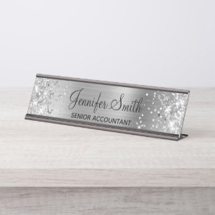 Placa De Nombre Relieve metalizado plateado Girly Purpurinoso Faux