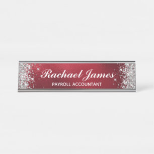 Placa De Nombre Relieve metalizado Rojo Faux Purpurina Plata Clási