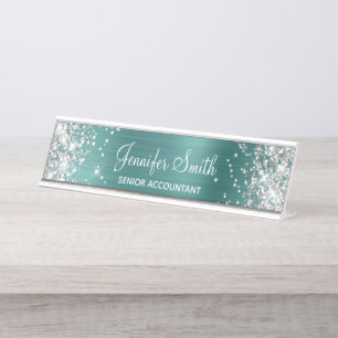 Placa De Nombre Relieve metalizado Verde azulado Girly Purpurinoso