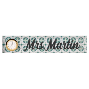 Placa De Nombre Reloj de mosaico portugués verde personalizado