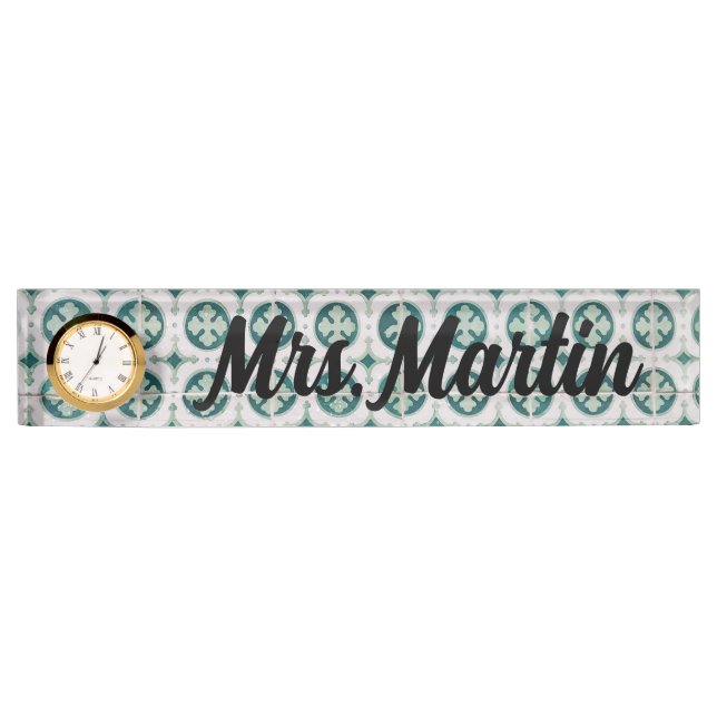 Placa De Nombre Reloj de mosaico portugués verde personalizado (Anverso)