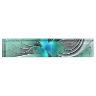 Placa De Nombre Resumen Con Arte Fractal Azul Y Moderno