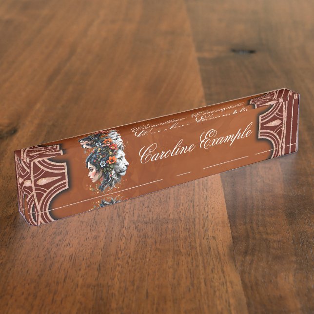 Placa De Nombre Retrato de León Floral y Mujer (Lateral)