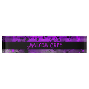 Placa De Nombre Retro Paint Splatt Efecto Púrpura y Negro