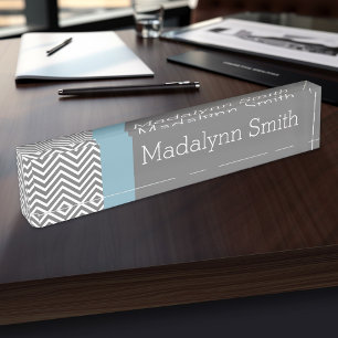 Placa De Nombre Robin Egg Blue and Grey Chevrons Custom Name