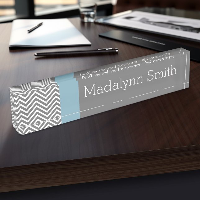 Placa De Nombre Robin Egg Blue and Grey Chevrons Custom Name (Personalized Name Plate for the Office, School or Home)