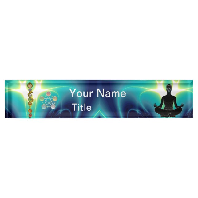Placa De Nombre ROD DE ASCLEPIUS,7 CHAKRAS,YOGA LOTUS POSE Blue (Anverso)