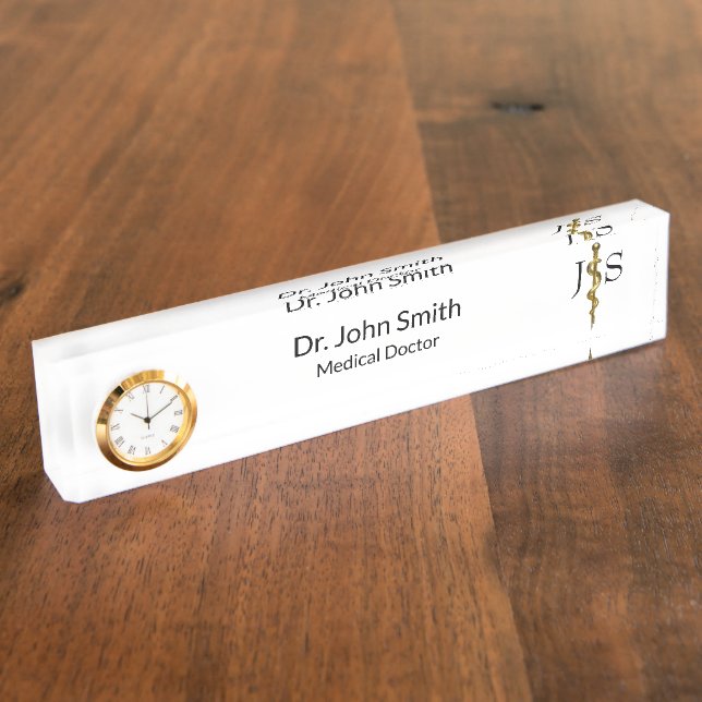 Placa De Nombre Rod of Asclepius Medical Gold sobre White Classy (Lateral)
