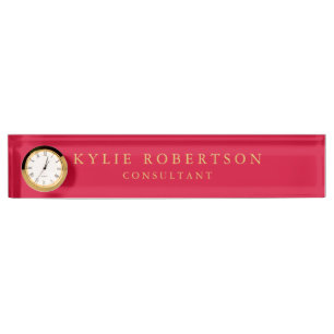 Placa De Nombre Rojo Cereza y Dorado Colores Profesional Moderno P