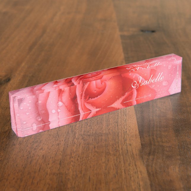 Placa De Nombre Rojo Romántico Rosa Rosa Caída de Agua Nombre Plac (Lateral)