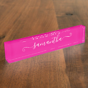Placa De Nombre Rosa Caliente y Blanco Firma Bonita
