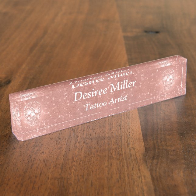 Placa De Nombre Rosa de Cabeza de Cráneo Gótico Elegante Purpurina (Lateral)