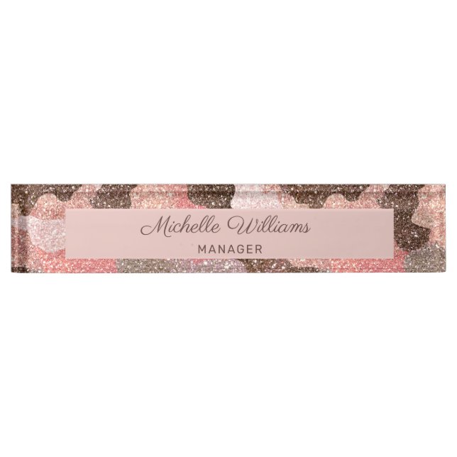Placa De Nombre Rosa de camuflaje Purpurina dorado guión moderno (Anverso)