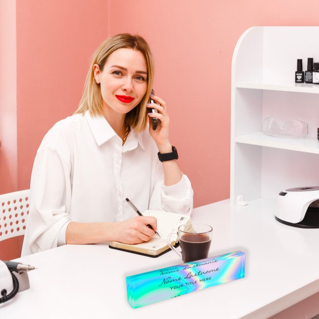 Placa De Nombre Rosa de maquillaje Belleza Estética Holografía Uni (Makeup Rose Esthetician Beauty Holograph Unicorn Desk Name Plate)