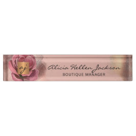 Placa De Nombre Rosa de polvorienta de glam vintage floral monogra