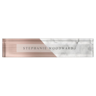 Placa De Nombre Rosa Dorada Elegante Metal Brillado Mármol Blanco