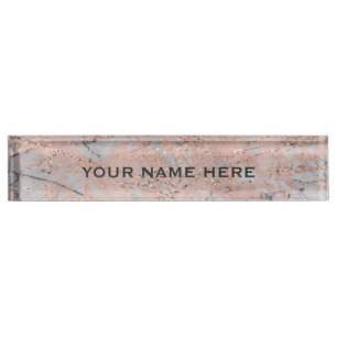 Placa De Nombre Rosa Dorado Mármol Rosa Brillo Glam Personalizado