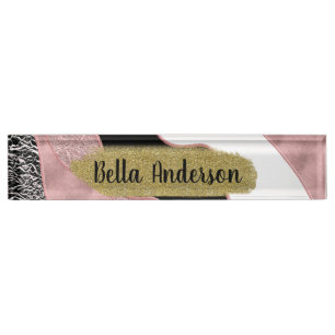 Placa De Nombre Rosa Dorado Onda Abstracta Moderna Glam Tendencia