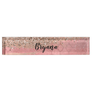 Placa De Nombre Rosa Dorado Rubor Rosa Glam Brillante Crujiente Ch