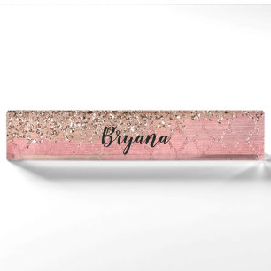 Placa De Nombre Rosa Dorado Rubor Rosa Glam Brillo Crujido Chic