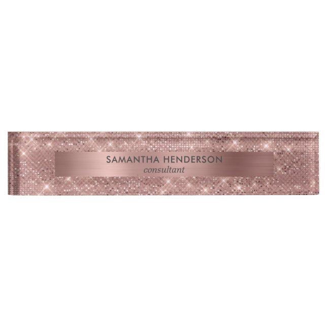 Placa De Nombre Rosa Gold Faux Shimmer y Relieve metalizado (Anverso)