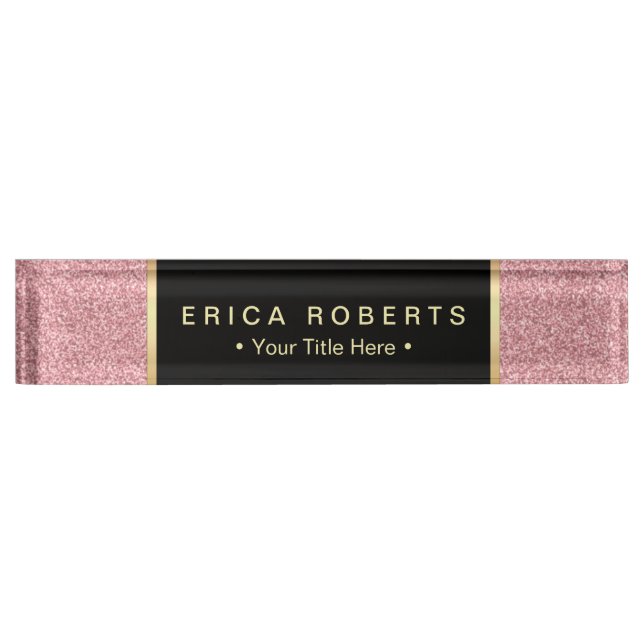 Placa De Nombre Rosa moderno Purpurina rosa elegante etiqueta negr (Anverso)