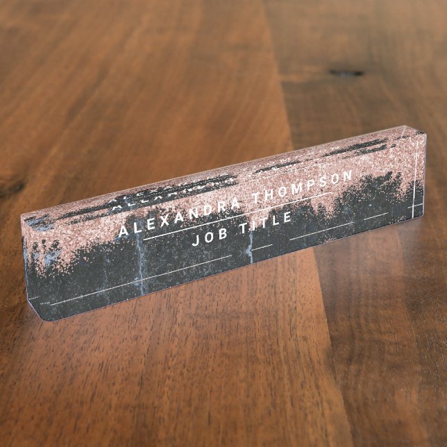 Placa De Nombre Rosa Oro Rosa Purpurina de Mármol Negro Polvo (Lateral)