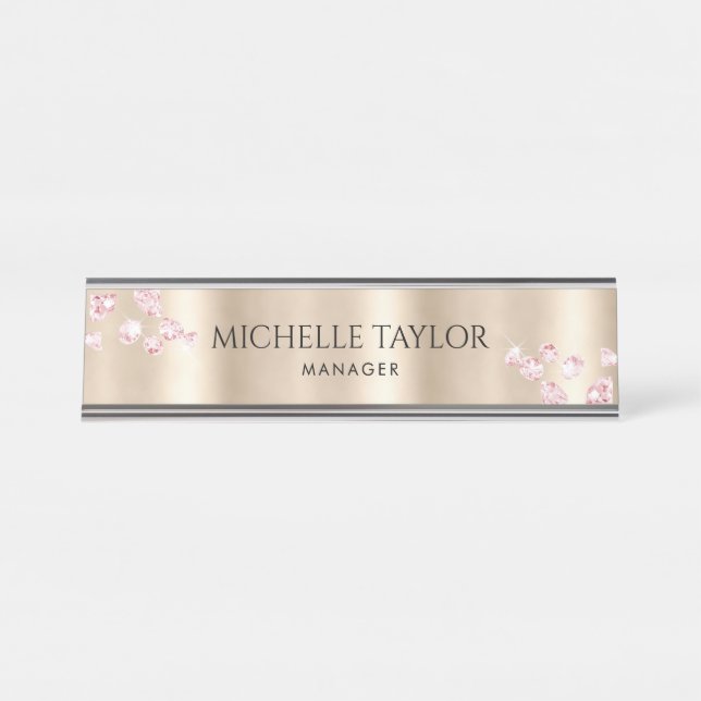 Placa De Nombre Rosa profesional moderno con diamantes de espuma d (Anverso)