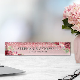 Placa De Nombre Rosa Purpurina de oro Borgoña Rubor Floral