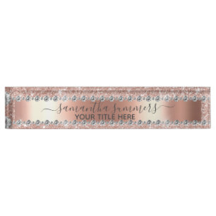 Placa De Nombre Rosa Purpurina de oro Diamond Look Handwriter