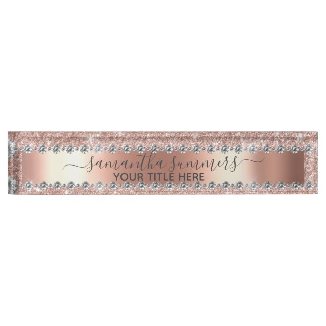 Placa De Nombre Rosa Purpurina de oro Diamond Look Handwriter (Anverso)