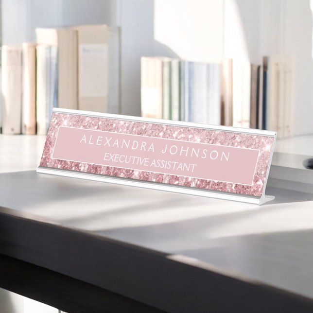 Placa De Nombre Rosa Purpurina de oro | Rubor Pink Sparkle Moderno (Subido por el creador)