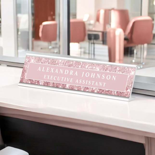 Placa De Nombre Rosa Purpurina de oro | Rubor Pink Sparkle Moderno (Subido por el creador)