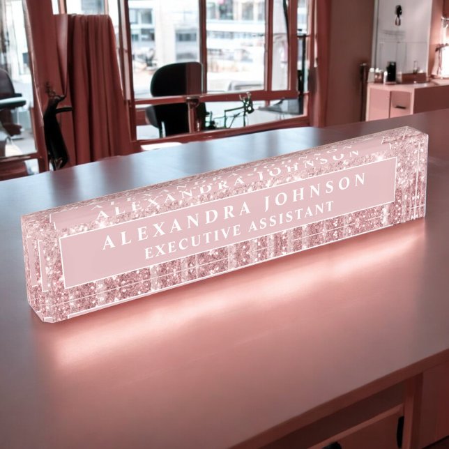 Placa De Nombre Rosa Purpurina de oro | Rubor Pink Sparkle Moderno (Subido por el creador)