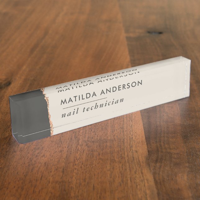 Placa De Nombre Rosa purpurina dorado negro elegante moda moderna (Lateral)