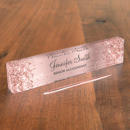 Placa De Nombre Rosa Purpurinoso Girly Relieve metalizado de Faux