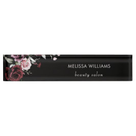 Placa De Nombre Rosas al Acuarela Fondo Negro
